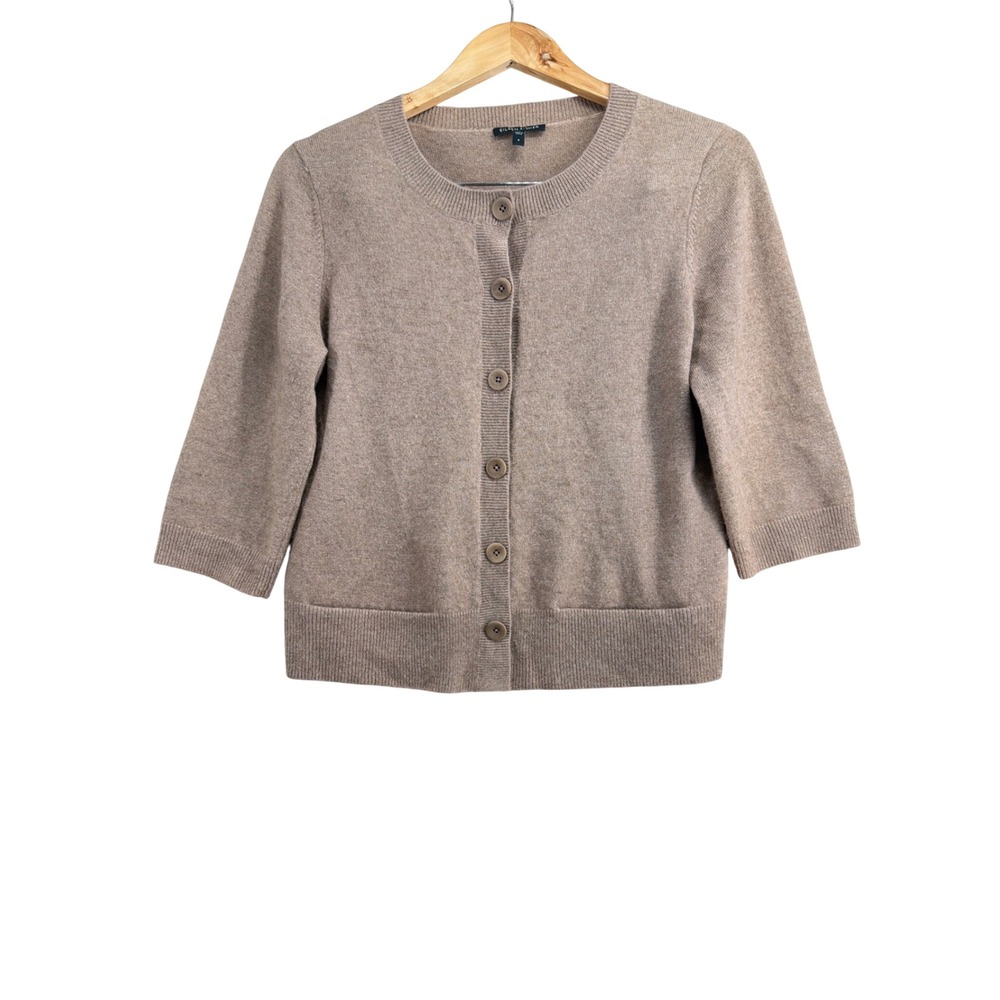 Eileen Fisher 100% Cashmere Cardigan Tan Beige 3/4 Sleeve Button Front Small